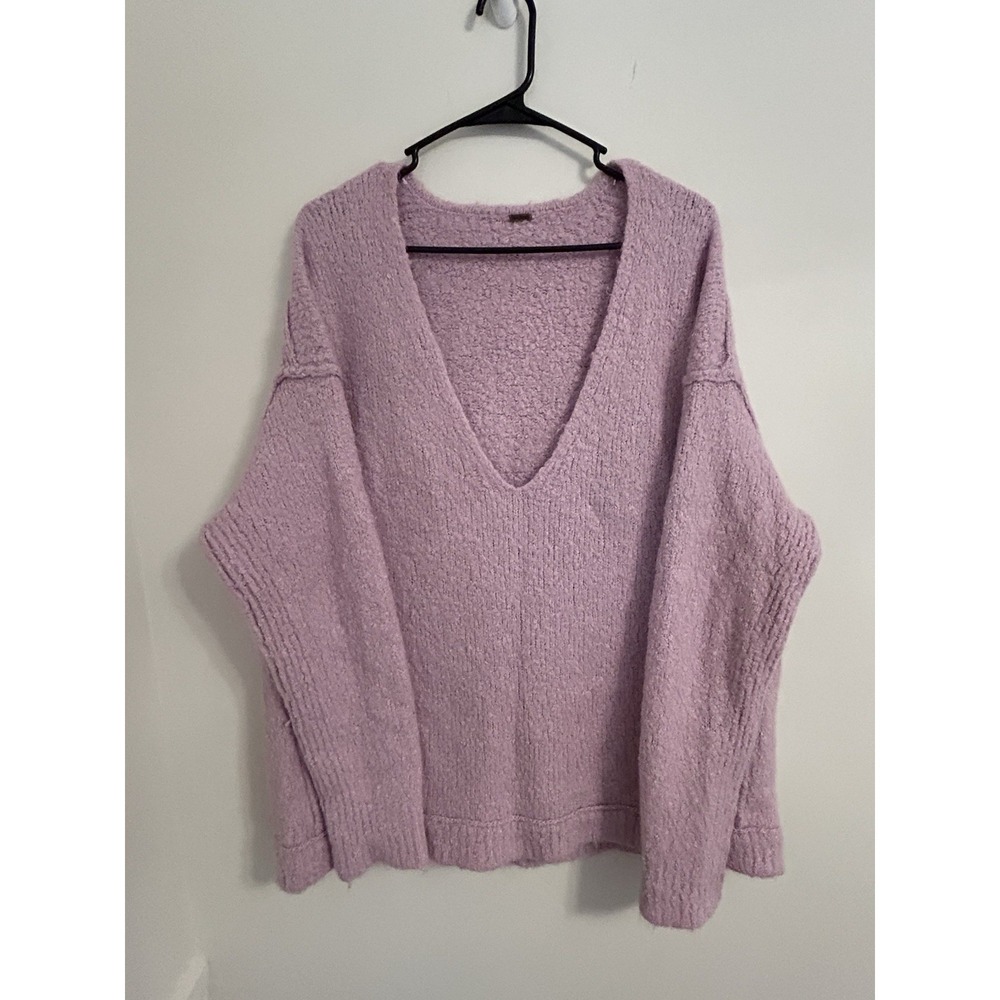 Free People Sweater Boucle Lofty V-Neck Alpaca Blend Lilac Purple Oversized Sz L